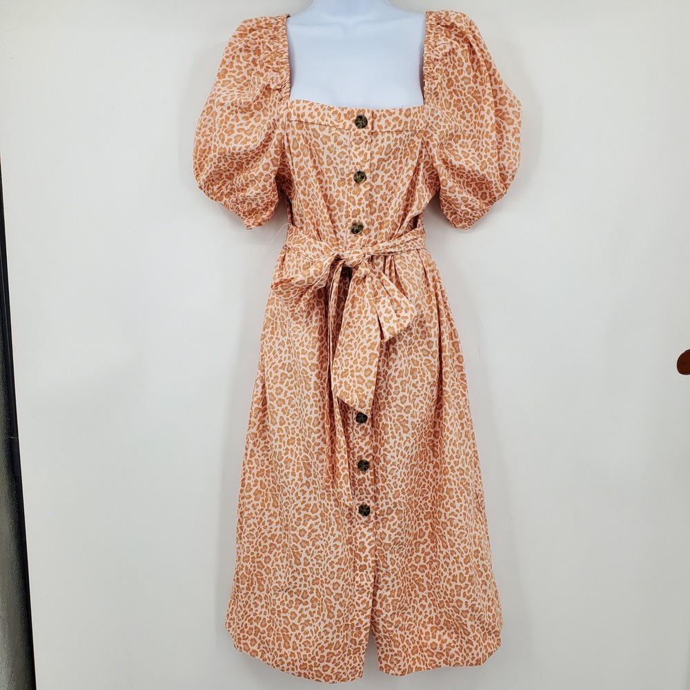 J. Crew Cottage Dress Pink Leopard Print Puff Sleeve Button Front Midi Dress S